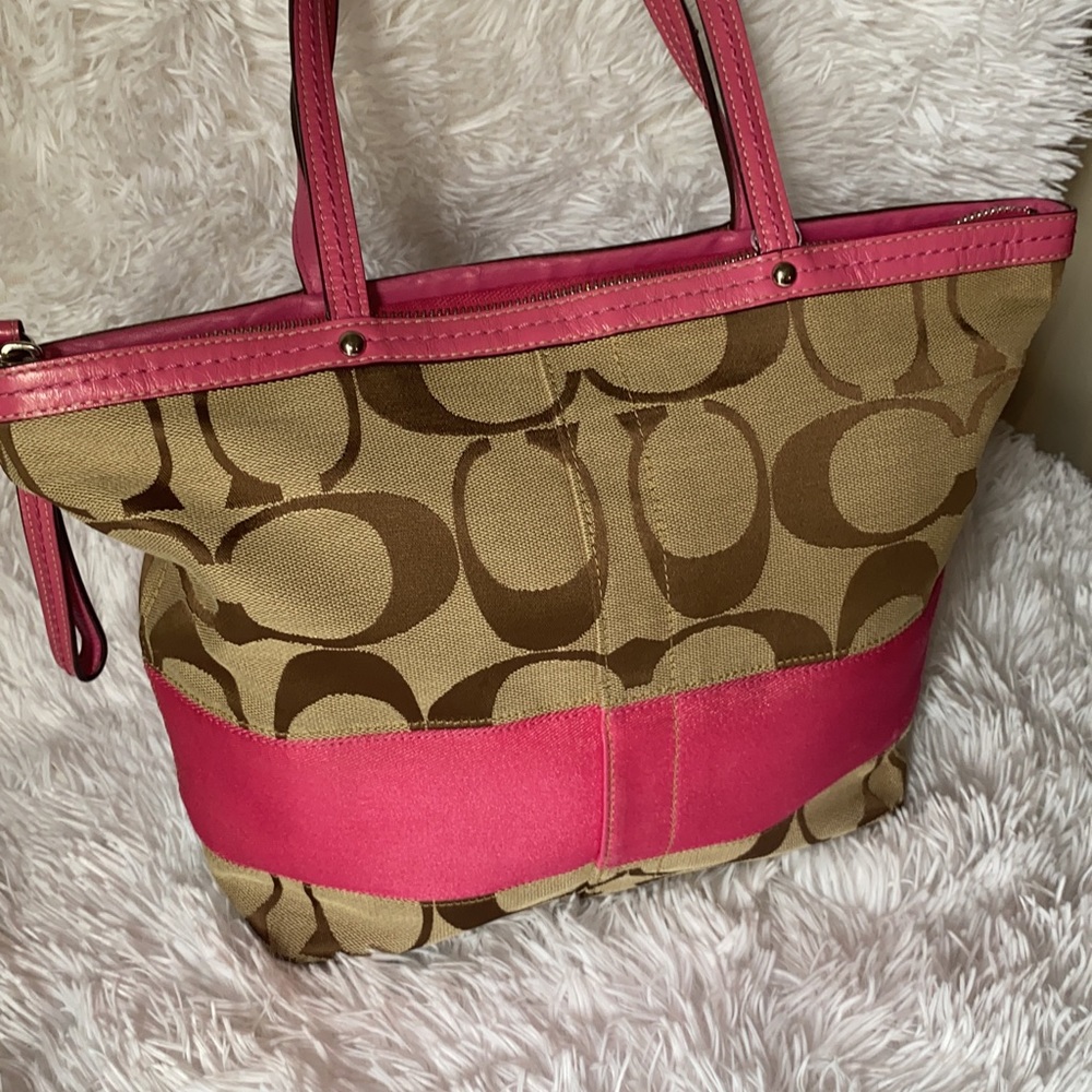 Coach Signature Stripe Tote Khaki & Pink - Picture 6 of 10